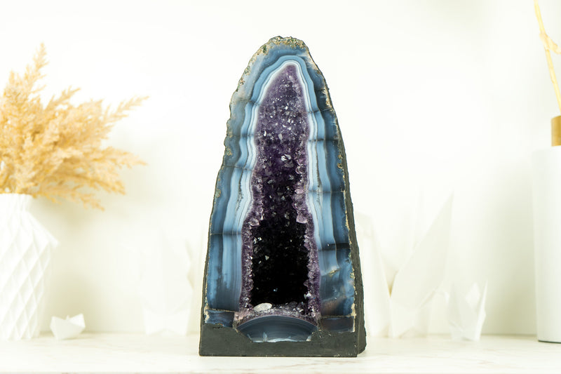 Rare Sea Blue Lace Agate Cathedral with Deep Purple Amethyst