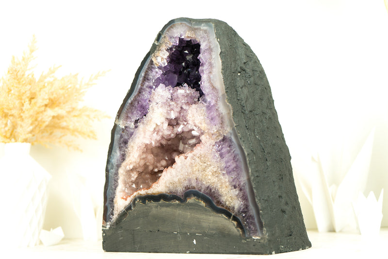 Super Rare Natural Double Amethyst Geode with Half Pink Quartz Druzy, Half Deep Purple Amethyst