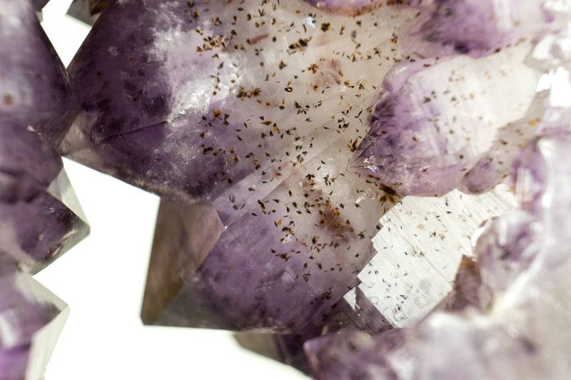 Seltene Amethyst-Krone-Geodenscheibe mit großem funkelndem Amethyst-Druzy auf einem drehbaren Ständer