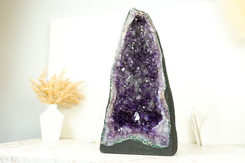 Tall Deep Purple Amethyst Crystal Geode Cathedral, with Rare Amethyst Druzy