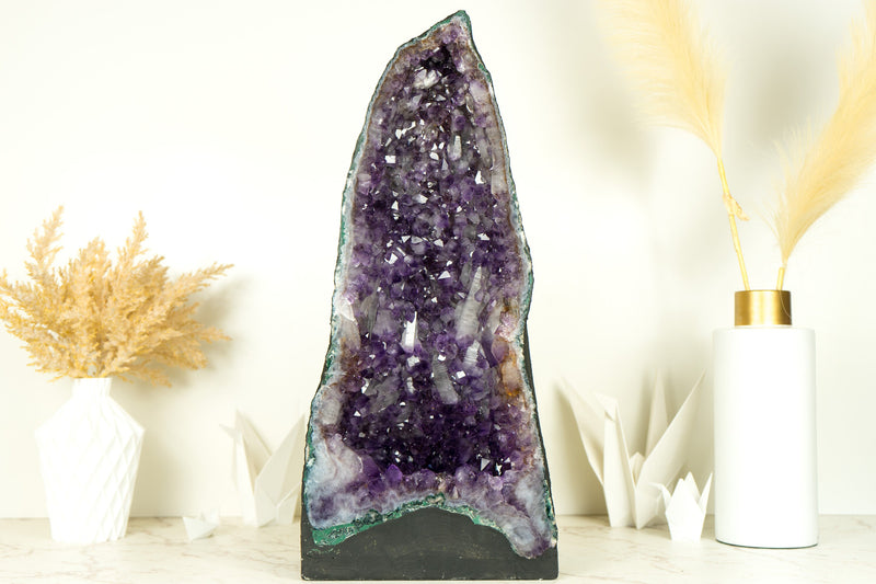 Pair of Tall Deep Purple Amethyst Crystal Geode Cathedrals, with Rare Druzy Formation
