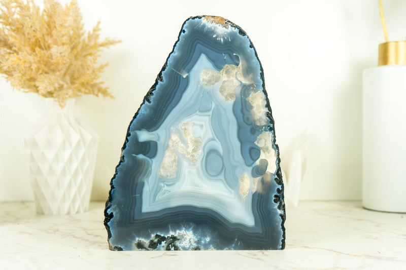 Rare Natural Blue Lace Agate Geode with Calcite Inclusions, Self Standing