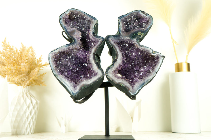 Wunderschöne Amethyst Geode Schmetterling Engel Flügel mit lila Amethyst Druzy und Achat Matrix