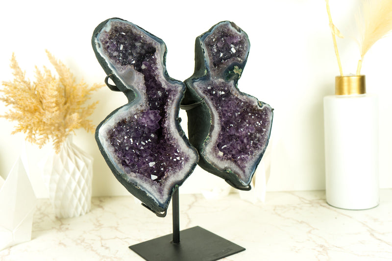 Wunderschöne Amethyst Geode Schmetterling Engel Flügel mit lila Amethyst Druzy und Achat Matrix