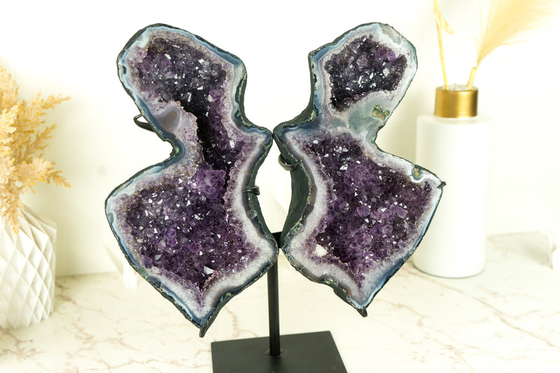 Wunderschöne Amethyst Geode Schmetterling Engel Flügel mit lila Amethyst Druzy und Achat Matrix
