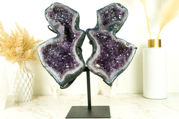 Wunderschöne Amethyst Geode Schmetterling Engel Flügel mit lila Amethyst Druzy und Achat Matrix