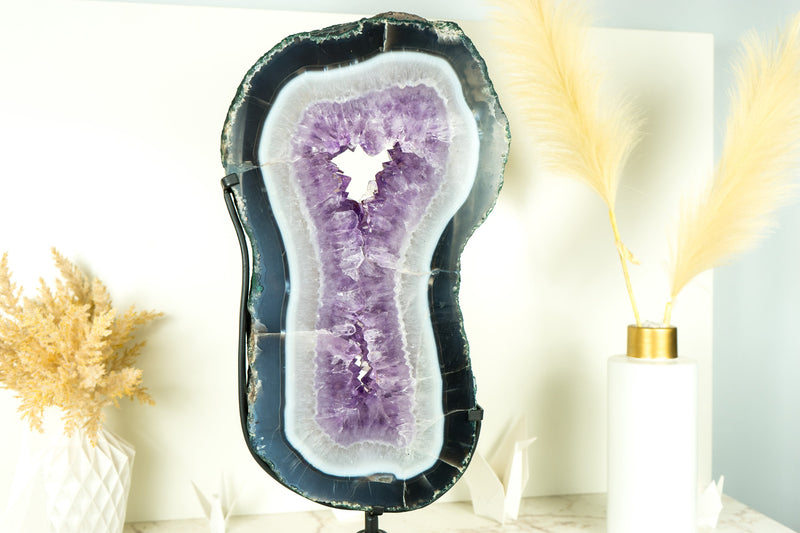 Große, hohe Scheibe aus Spitzenachat mit Lavendel-Amethyst-Druse