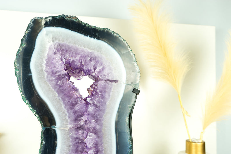 Große, hohe Scheibe aus Spitzenachat mit Lavendel-Amethyst-Druse