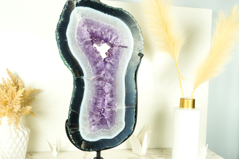 Große, hohe Scheibe aus Spitzenachat mit Lavendel-Amethyst-Druse