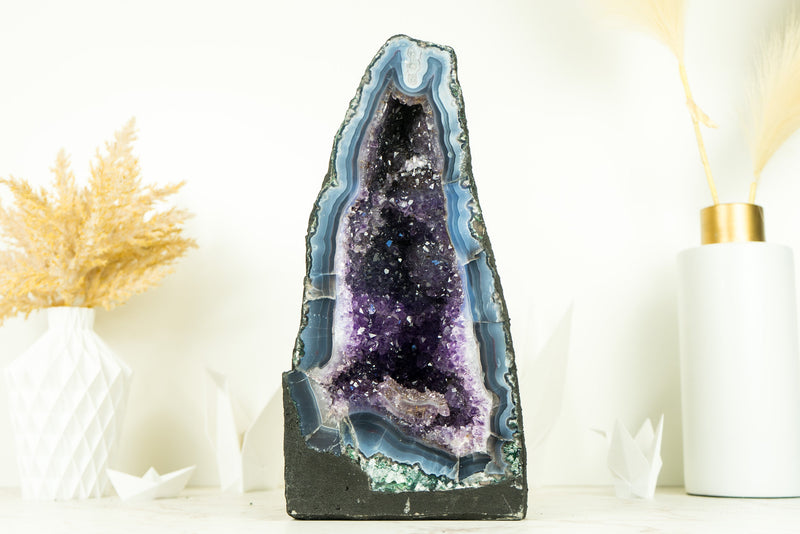 Rare Deep Blue Agate Geode with Blue Sugar Druzy Amethyst,