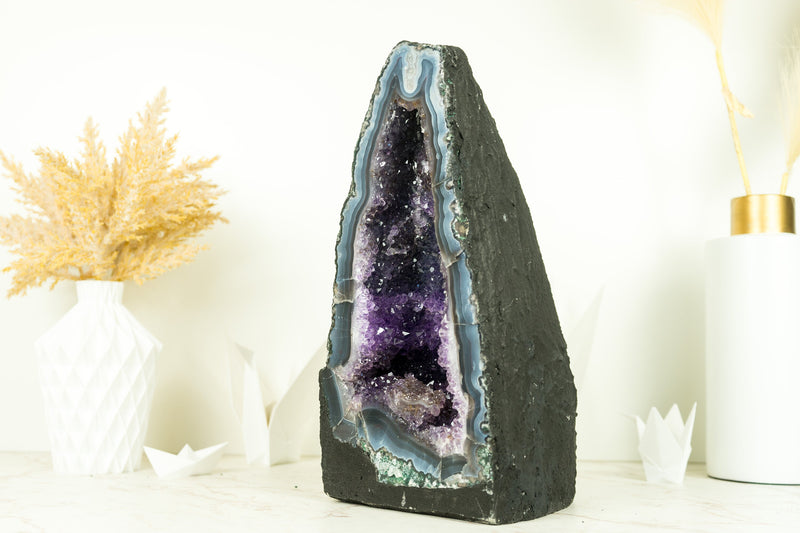 Rare Deep Blue Agate Geode with Blue Sugar Druzy Amethyst,
