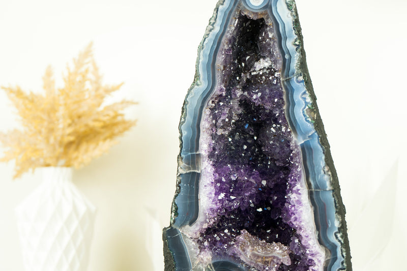 Rare Deep Blue Agate Geode with Blue Sugar Druzy Amethyst,