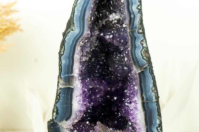 Rare Deep Blue Agate Geode with Blue Sugar Druzy Amethyst,