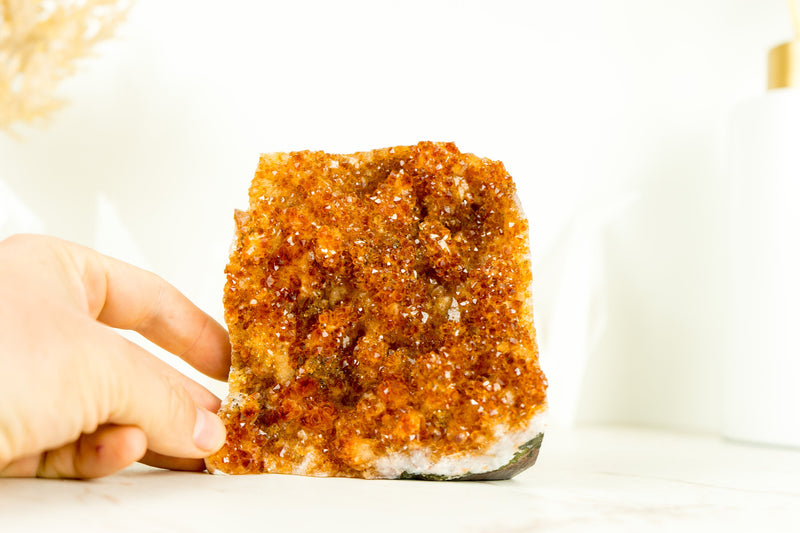 Small Citrine Crystal Cluster with Deep Orange Druzy and Rare Formation, Table Top Self Standing
