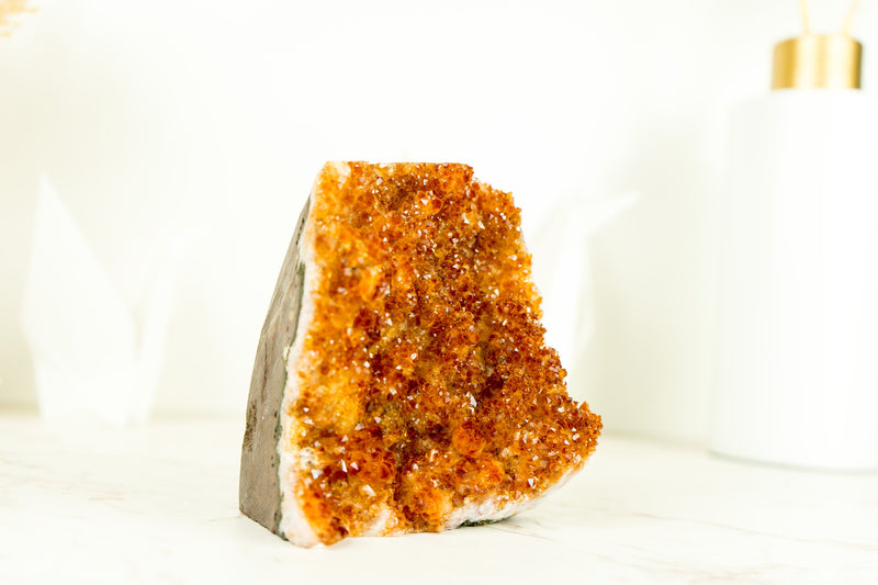 Small Citrine Crystal Cluster with Deep Orange Druzy and Rare Formation, Table Top Self Standing