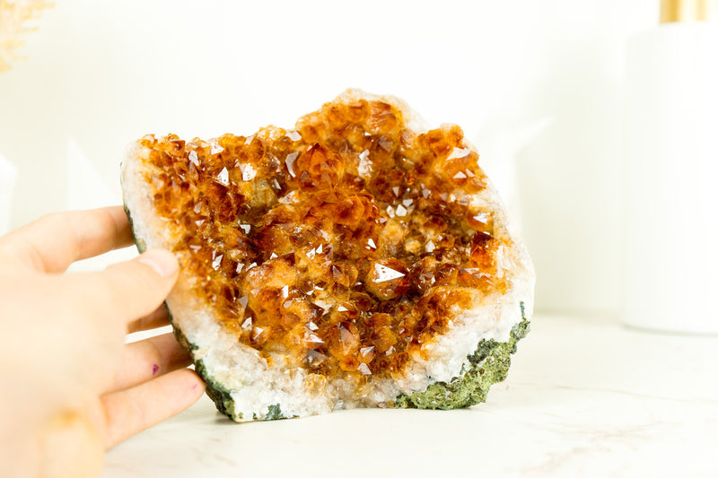 Small Citrine Geode with Rosette (Stalactite) Crystal, Deep Orange, Raw and Ethical