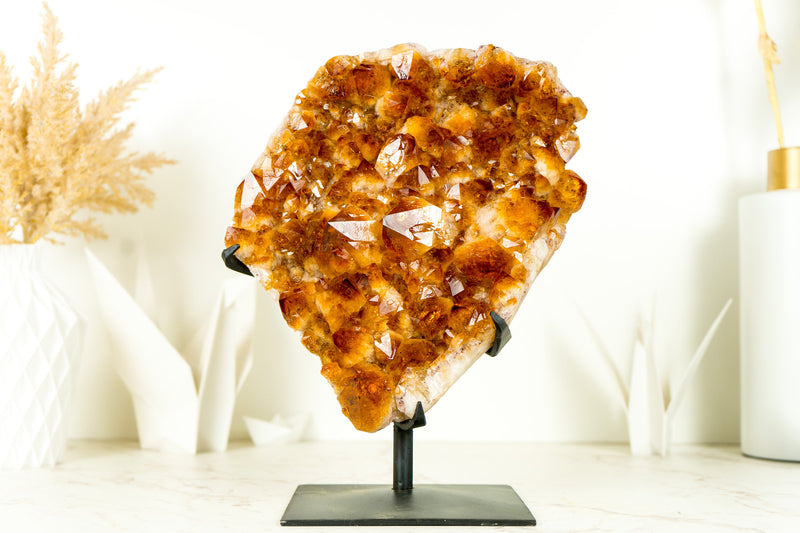 Natural Citrine Cluster with AAA, Large Madeira Orange Citrine Druzy on Stand