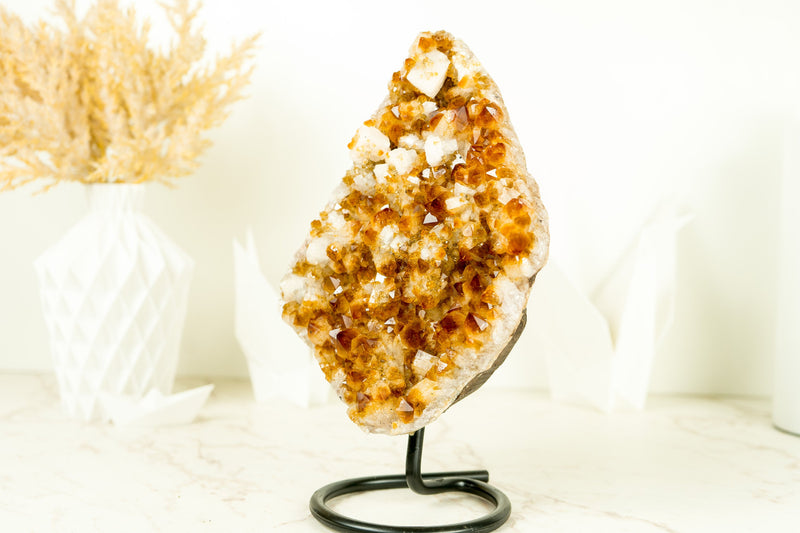 Citrine with Calcite Merchant Stone Cluster, with Golden Orange Druzy on Stand