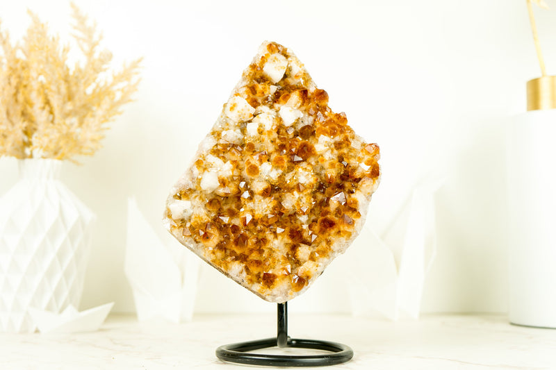 Citrine with Calcite Merchant Stone Cluster, with Golden Orange Druzy on Stand
