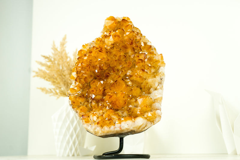 Gorgeous Rich Yellow Citrine Cluster with Rosette Flowers Druzy on Stand