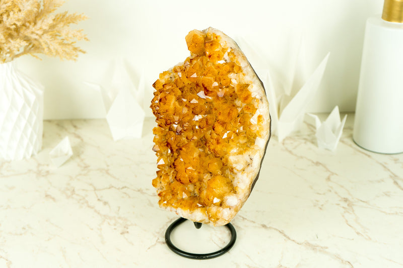 Gorgeous Rich Yellow Citrine Cluster with Rosette Flowers Druzy on Stand