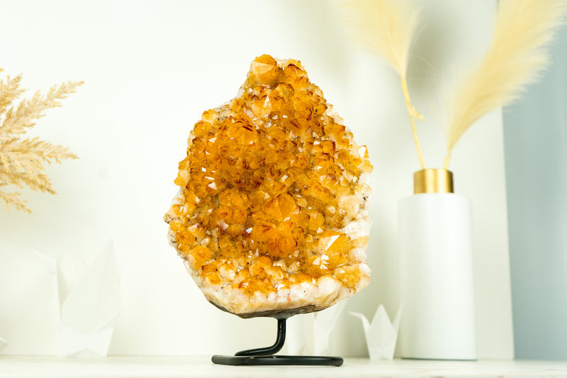 Gorgeous Rich Yellow Citrine Cluster with Rosette Flowers Druzy on Stand