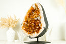 Large Rich Yellow Citrine Geode on Stand with a Delicate Calcite Flower - Merchant Stone