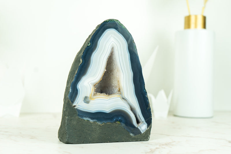 Gorgeous Blue and White Lace Agate Geode with White Galaxy Druzy