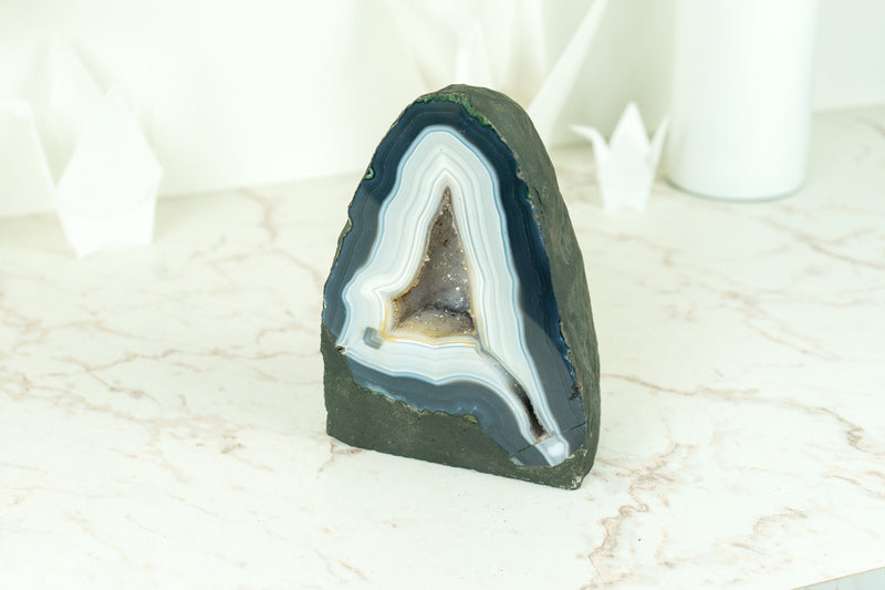 Gorgeous Blue and White Lace Agate Geode with White Galaxy Druzy