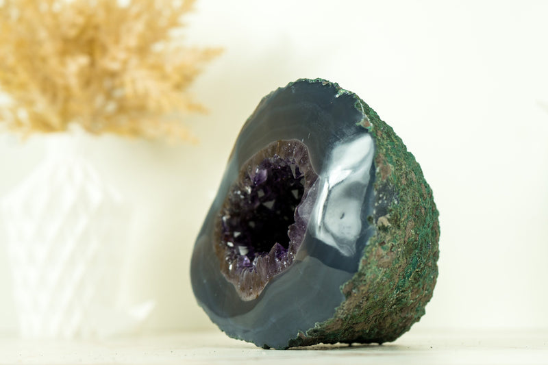 Deep Blue Agate and Amethyst Geode with Polished Agate Border and Deep Purple Amethyst Druzy