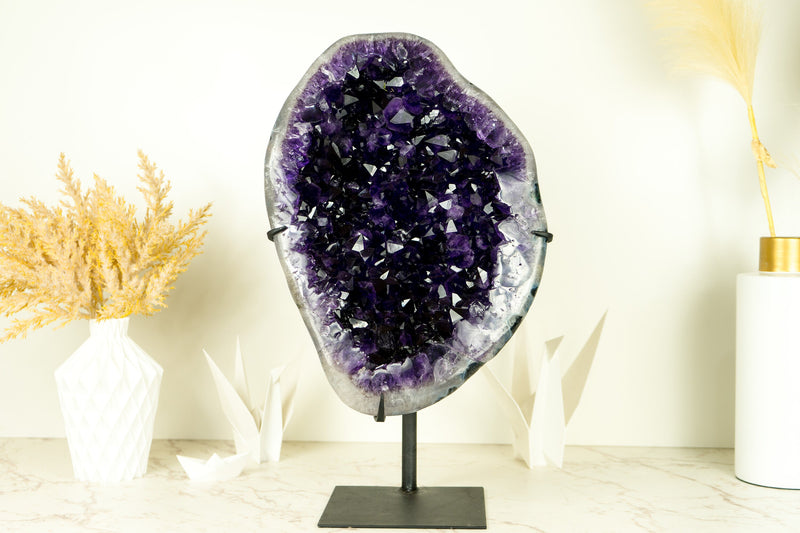Spectacular Amethyst Geode on 360º Stand with Large Dark Purple Amethyst Druzy and Polished Borders