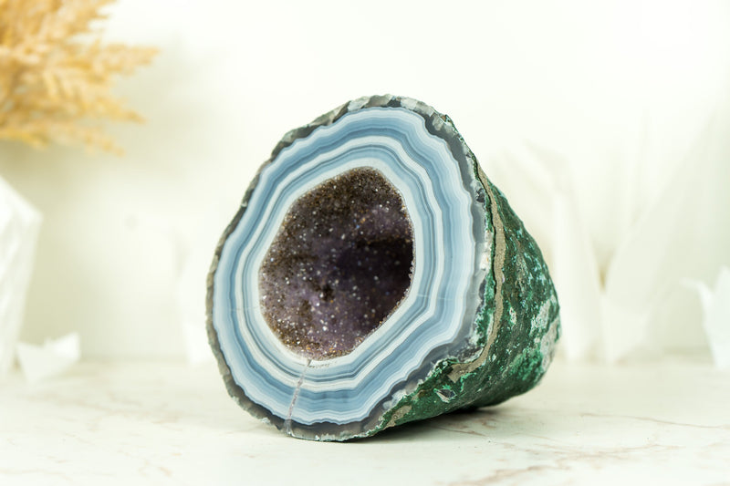 Small Agate Geode with World-Class Blue Banded Agate and Galaxy Druzy, Ethically Sourced