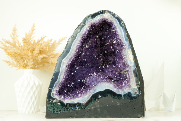 Agate with Amethyst Geode Cathedral with Flower Rosettes and Banded Agate