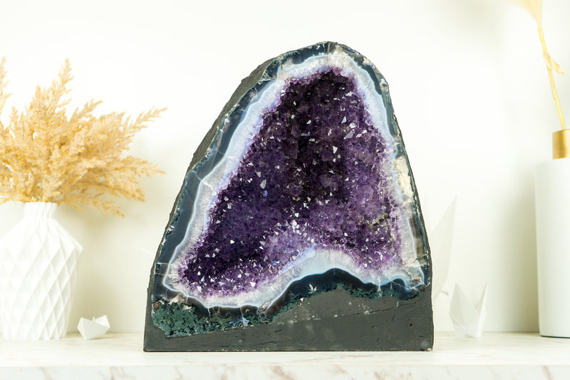 Agate with Amethyst Geode Cathedral with Flower Rosettes and Banded Agate