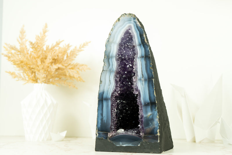 Rare Sea Blue Lace Agate Cathedral with Deep Purple Amethyst