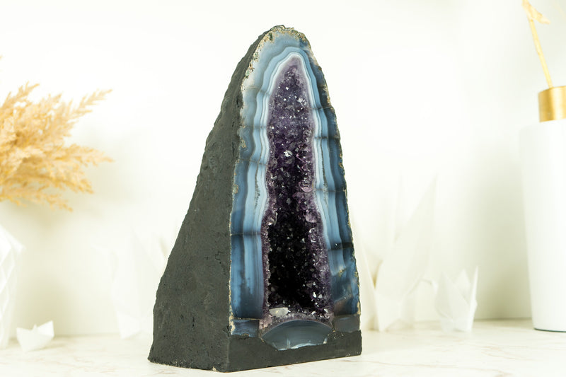 Rare Sea Blue Lace Agate Cathedral with Deep Purple Amethyst