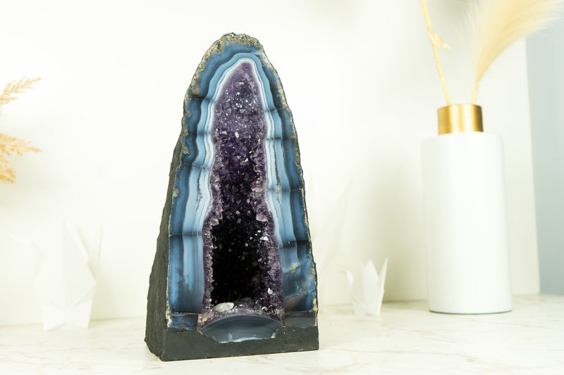 Rare Sea Blue Lace Agate Cathedral with Deep Purple Amethyst