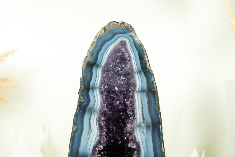 Rare Sea Blue Lace Agate Cathedral with Deep Purple Amethyst