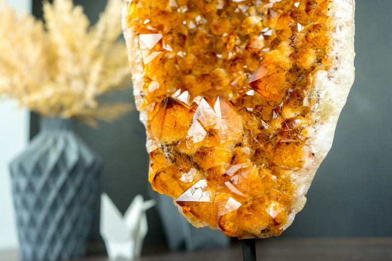 AAA Rich, Deep Orange Natural Citrine Cluster with Citrine Rosettes and Calcite on Stand