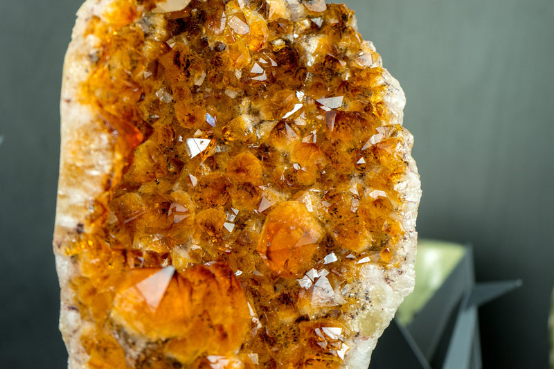 AAA Rich, Deep Orange Natural Citrine Cluster with Citrine Rosettes and Calcite on Stand