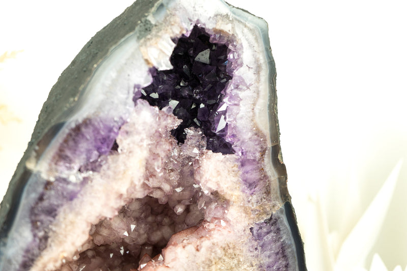 Super Rare Natural Double Amethyst Geode with Half Pink Quartz Druzy, Half Deep Purple Amethyst