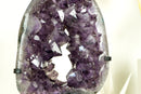 Seltene Amethyst-Krone-Geodenscheibe mit großem funkelndem Amethyst-Druzy auf einem drehbaren Ständer