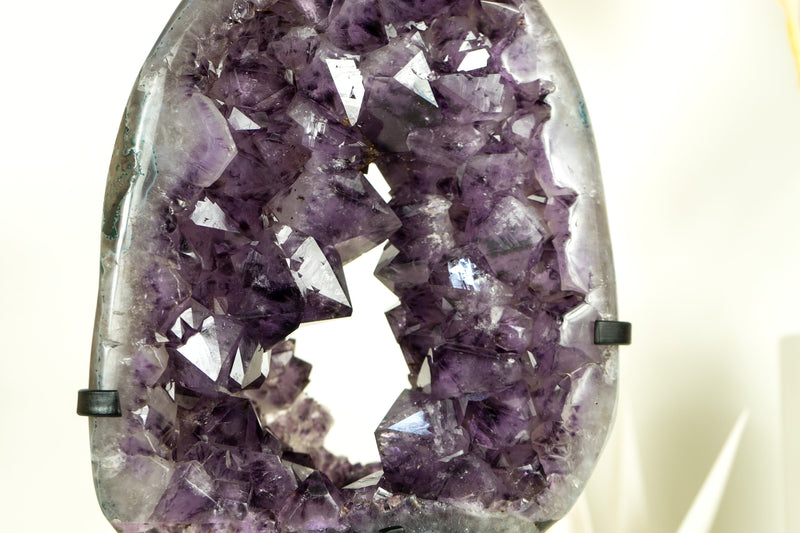 Rare Amethyst Crown Geode Slice with Large Sparkly Amethyst Druzy on a Rotating Stand