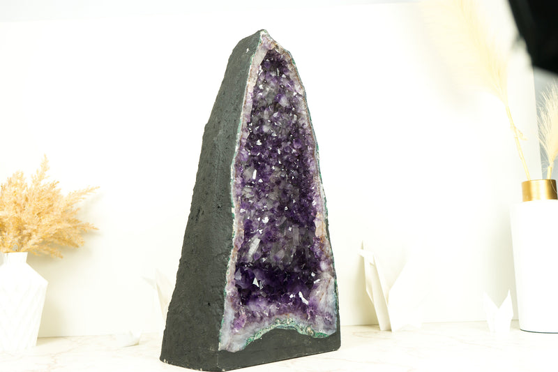 Tall Deep Purple Amethyst Crystal Geode Cathedral, with Rare Amethyst Druzy