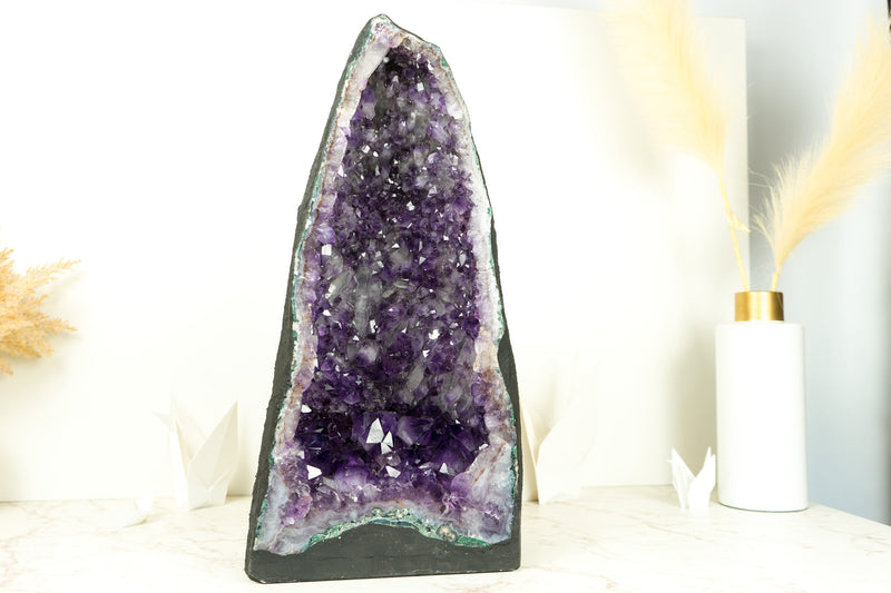 Tall Deep Purple Amethyst Crystal Geode Cathedral, with Rare Amethyst Druzy