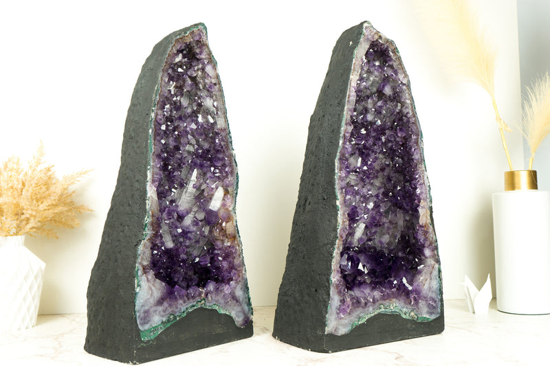 Pair of Tall Deep Purple Amethyst Crystal Geode Cathedrals, with Rare Druzy Formation