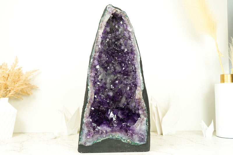 Pair of Tall Deep Purple Amethyst Crystal Geode Cathedrals, with Rare Druzy Formation