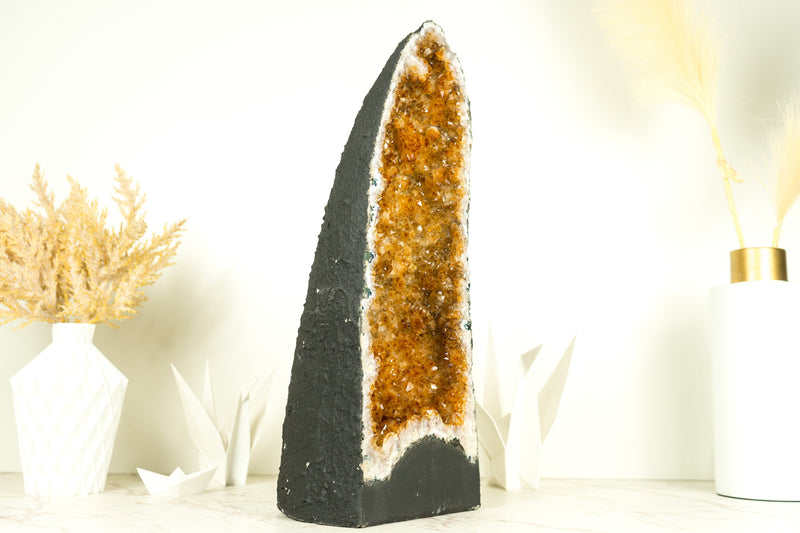 Yellow Citrine Crystal Geode with Stalactite Flowers, Tall, Large & Ethical