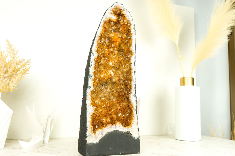 Yellow Citrine Crystal Geode with Stalactite Flowers, Tall, Large & Ethical