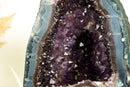 Natürliche blau gebänderte Achat-Geode mit seltener tiefvioletter Amethyst-Krone